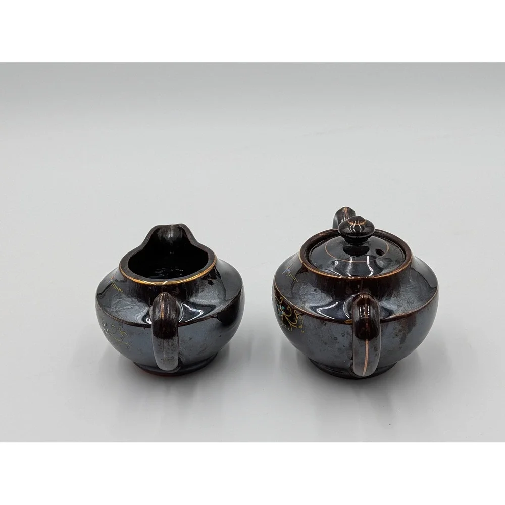 Vintage Japan Ceramic Creamer Pitcher‎ and Sugar Bowl with Lid Floral Accents